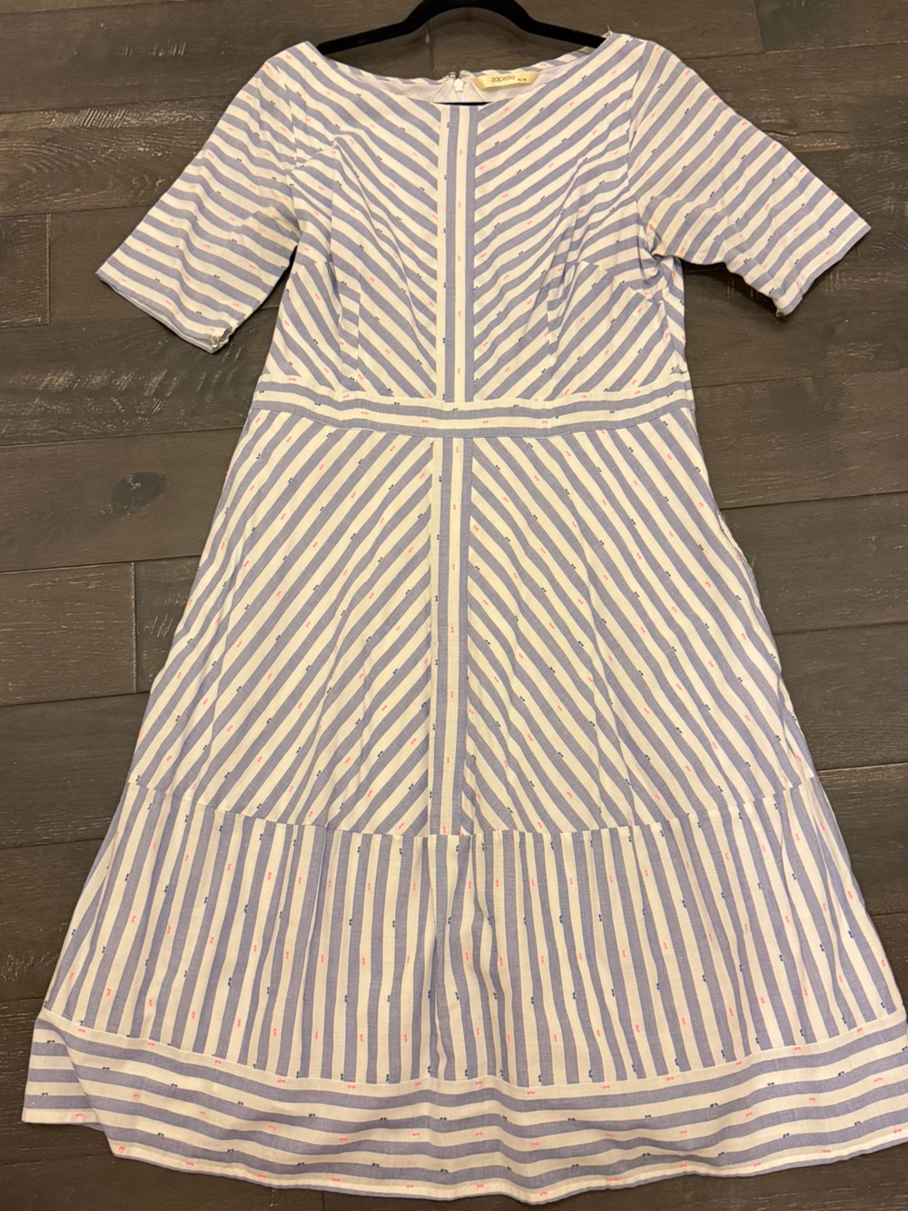 Womens Blue and White Striped Dress with Pink Dot Detail - (Brand)